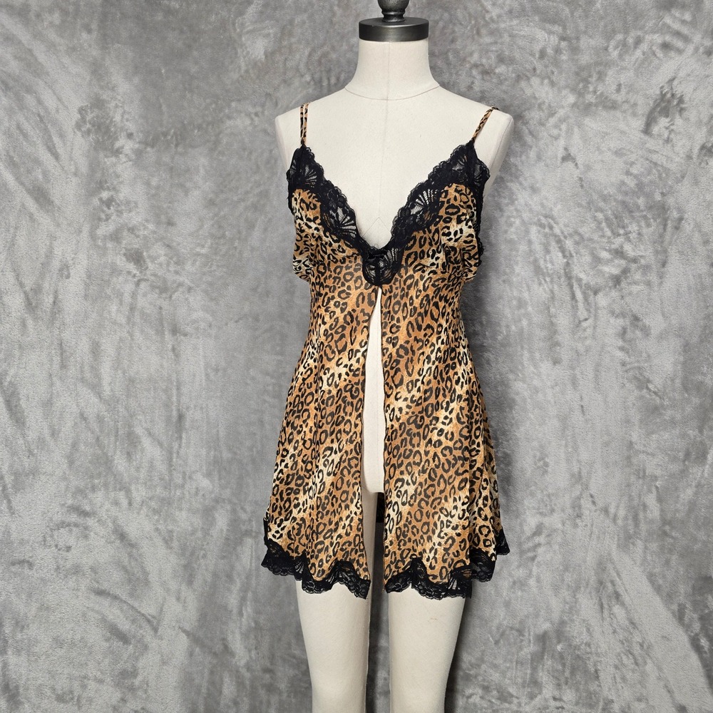 Linea Donatella Babydoll Women L Leopard Print Lace Trim Nightgown Slip Coquette